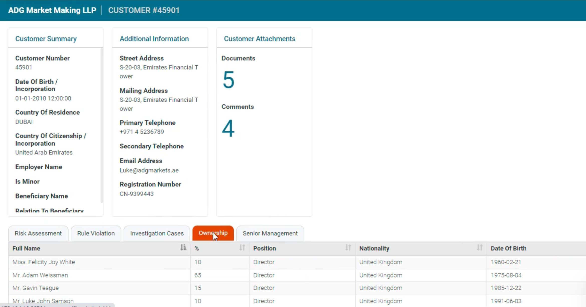 screenshot of Effiya Anti-Money Laundering Solution
